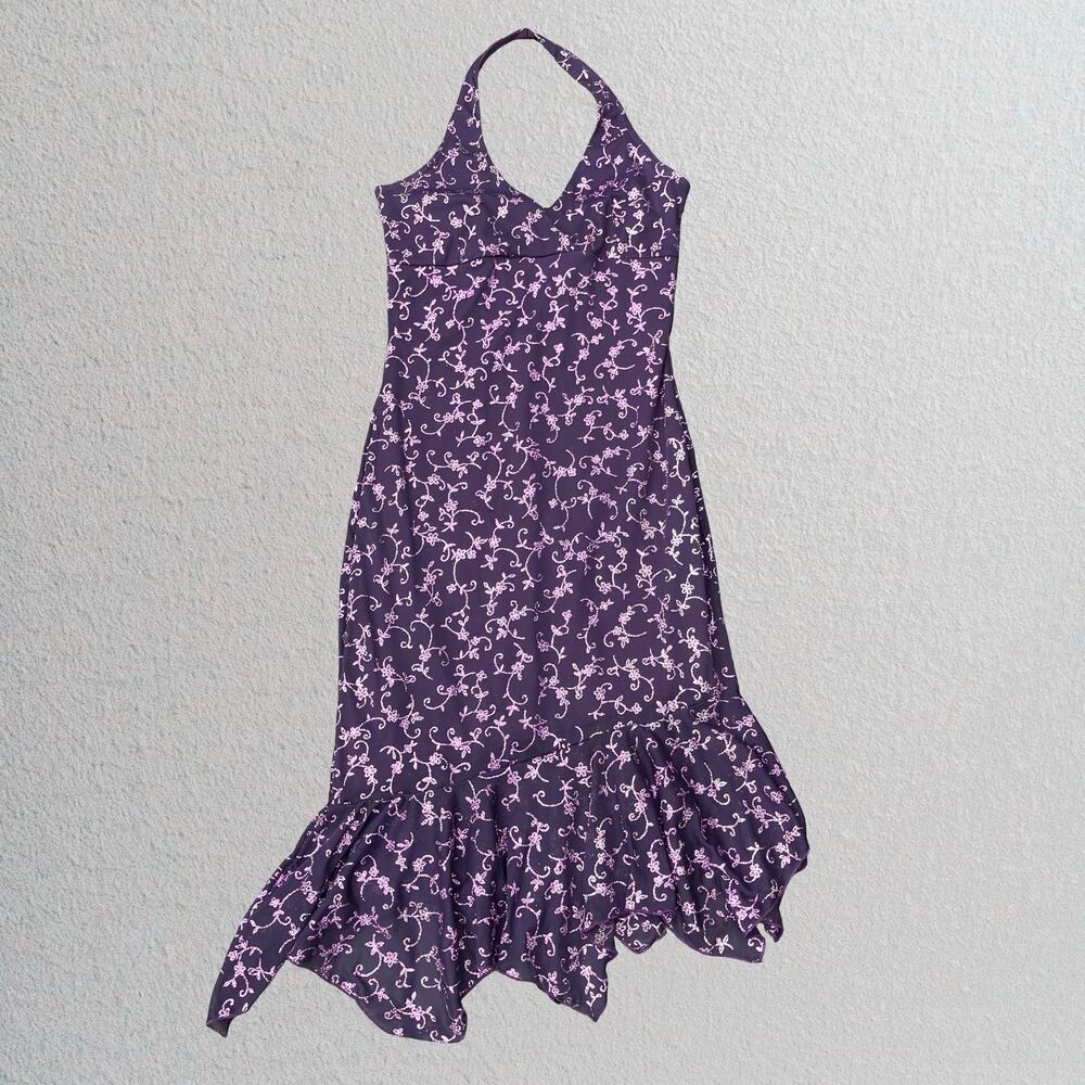 Vintage 90s purple sparkly floral halter midi dress with flared skirt hem, fairy
